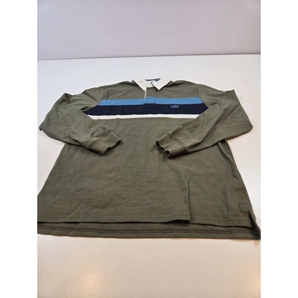 LL Bean Shirt Mens Medium Green Stripe Rugby Polo Long Sleeve Cotton Casual